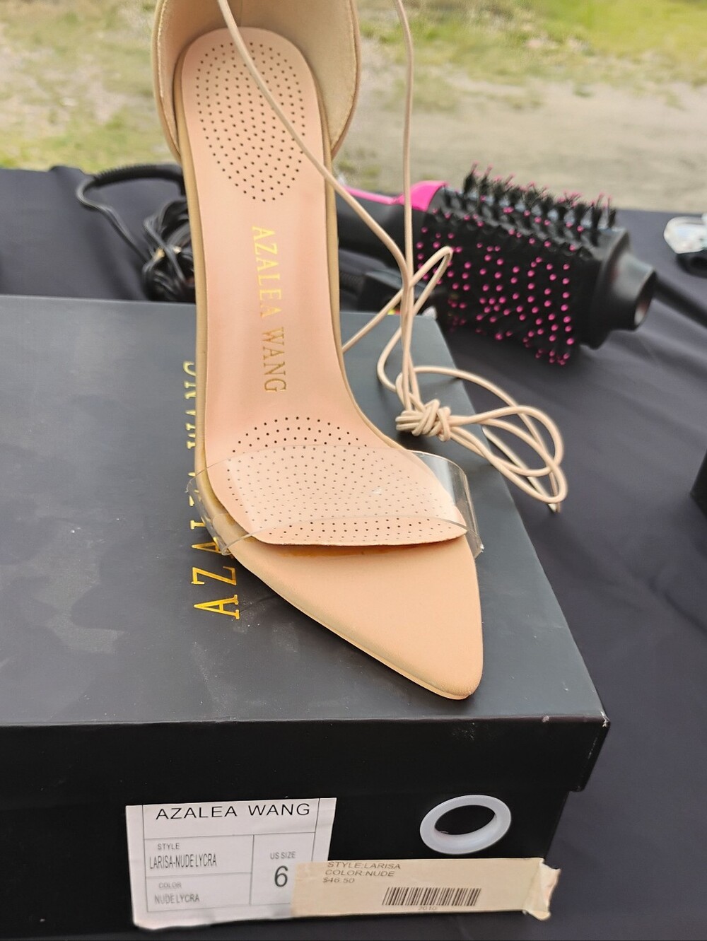 Nude Pointed Toe Lace-Up Heels